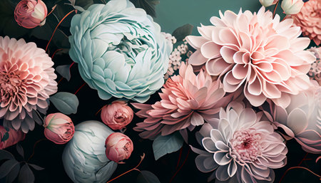 This is a beautiful digital wallpaper with a pastel color scheme featuring a bunch of flowers in a floral print, while the floral pattern adds a touch of elegance and beauty.の写真素材