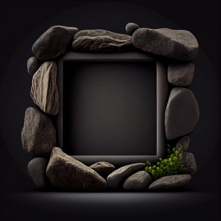 A Rock Solid Image Stone and Concrete on a Black Background, Durability Stone, Rock and Concrete Photo Frame, Concrete and Empty Frame on Black, Strength in the Shadows Concrete, Generative AIの写真素材
