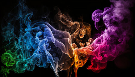 An Abstract Soft and Smoothened Colorful Multicolor Smoke Mist Background Wallpaper, The Art of Movement and Flow Exploration of Smooth Smoke in Motion, 16:9, Illustration, Generative Aiの写真素材