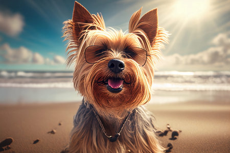 Yorkshire Terrier Pleasant Pet Playtime at the Sea Sand Sun Beach, A Dog Savoring the Simple Joys, Human best friends Taking in the Beauty of the Sea, Generative AIの写真素材