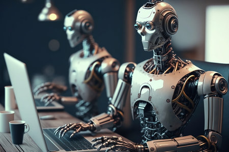 Efficiency at its Finest, A Robotic Process Automation (RPA) Robot Streamlining Business Operations with Computer Assistance, Generative AIの素材