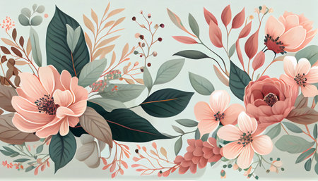 a repeating floral pattern with pastel-colored flowers and leaves on a light background. The flowers have delicate petals in shades of pink, blue, and yellow, with green leaves and stems.の写真素材