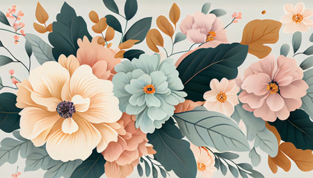 a repeating floral pattern with pastel-colored flowers and leaves on a light background. The flowers have delicate petals in shades of pink, blue, and yellow, with green leaves and stems.の写真素材