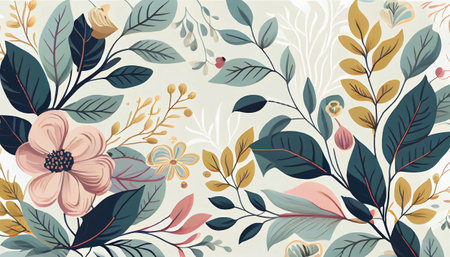 a repeating floral pattern with pastel-colored flowers and leaves on a light background. The flowers have delicate petals in shades of pink, blue, and yellow, with green leaves and stems.の写真素材