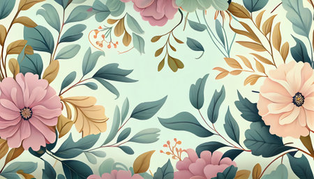 a repeating floral pattern with pastel-colored flowers and leaves on a light background. The flowers have delicate petals in shades of pink, blue, and yellow, with green leaves and stems.の写真素材