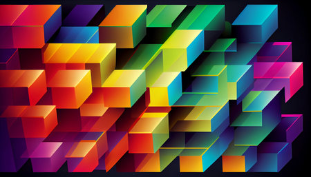 a repeating pattern of overlapping rectangles in various shades of bright colors. The rectangles are arranged in a random order, creating a playful and dynamic effect.の写真素材