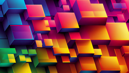 a repeating pattern of overlapping rectangles in various shades of bright colors. The rectangles are...