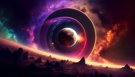 a planet with a ring system in the foreground, with the planet taking up the majority of the image. The planet is shown in great detail, with mountains, valleys, and craters visible on its surface.の写真素材