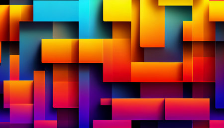 a repeating pattern of overlapping rectangles in various shades of bright colors. The rectangles are arranged in a random order, creating a playful and dynamic effect.の写真素材