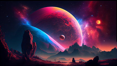 an alien planet with a colorful atmosphere, with a nearby star and a galaxy visible in the background. The surface of the planet is covered in strange, alien terrainの写真素材