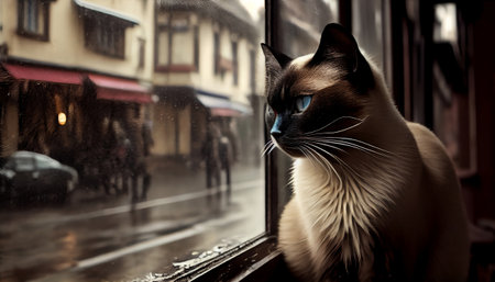 The image features a beautiful cat perched on a windowsill, gazing out at the world beyond. The cat eyes are focused intently on something outside, with a look of curiosity and interest on its face.の写真素材