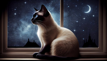 The image features a beautiful cat perched on a windowsill, gazing out at the world beyond. The cat eyes are focused intently on something outside, with a look of curiosity and interest on its face.の写真素材