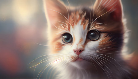 The image features a close-up of a sweet and adorable kitten face, with its big eyes and tiny nose taking center stage. The background is blurred with bokeh, creating a soft and dreamy effect.の写真素材