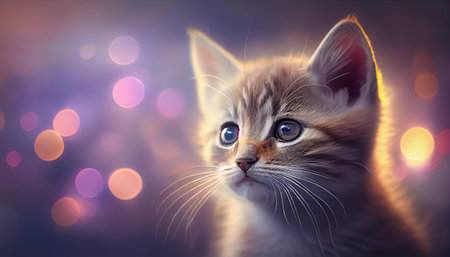The image features a close-up of a sweet and adorable kitten face, with its big eyes and tiny nose taking center stage. The background is blurred with bokeh, creating a soft and dreamy effect.の写真素材