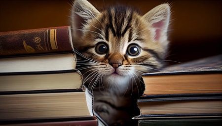 The image features a cute and playful tabby kitten peeking out from behind a book. The kitten is small and fluffy, with bright eyes and a curious expression.の写真素材