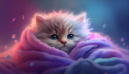 The image features an adorable kitten curled up in a cozy blanket, with its eyes closed and a content expression on its face. The kitten's fur is fluffy and soft, and it is nestled in the blanket.の写真素材