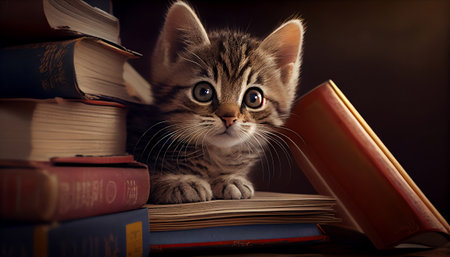 The image features a cute and playful tabby kitten peeking out from behind a book. The kitten is small and fluffy, with bright eyes and a curious expression.の写真素材
