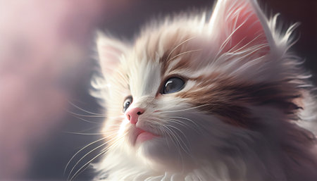 The image features a close-up of a sweet and adorable kitten face, with its big eyes and tiny nose taking center stage. The background is blurred with bokeh, creating a soft and dreamy effect.の写真素材