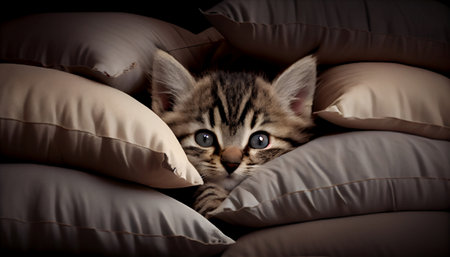 The image features a cute tabby kitten peeking out from behind a pillow with a playful expression on its face. The kitten's bright eyes are wide with curiosity and its ears are perked up.の写真素材