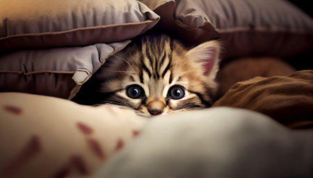 The image features a cute tabby kitten peeking out from behind a pillow with a playful expression on its face. The kitten's bright eyes are wide with curiosity and its ears are perked up.の写真素材