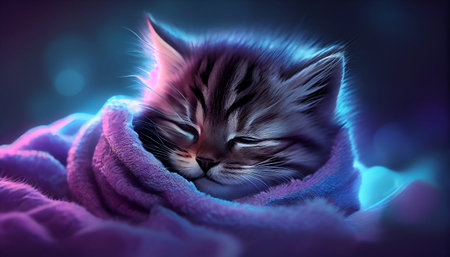 The image features an adorable kitten curled up in a cozy blanket, with its eyes closed and a content expression on its face. The kitten's fur is fluffy and soft, and it is nestled in the blanket.の写真素材