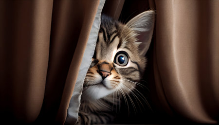 The image features a playful tabby kitten peeking out from behind a curtain, with one paw reaching out to playfully tease the viewer.の写真素材