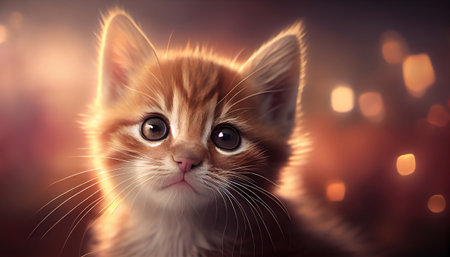 The image features a close-up of a sweet and adorable kitten face, with its big eyes and tiny nose taking center stage. The background is blurred with bokeh, creating a soft and dreamy effect.の写真素材