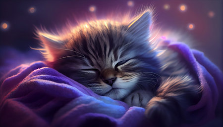 The image features an adorable kitten curled up in a cozy blanket, with its eyes closed and a content expression on its face. The kitten's fur is fluffy and soft, and it is nestled in the blanket.の写真素材
