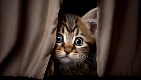 The image features a playful tabby kitten peeking out from behind a curtain, with one paw reaching out to playfully tease the viewer.の写真素材