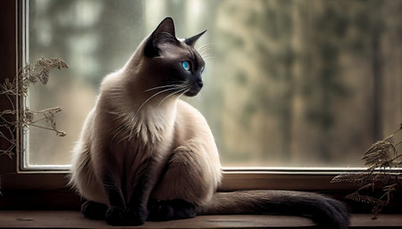The image features a beautiful cat perched on a windowsill, gazing out at the world beyond. The cat eyes are focused intently on something outside, with a look of curiosity and interest on its face.の写真素材