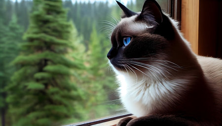 The image features a beautiful cat perched on a windowsill, gazing out at the world beyond. The cat eyes are focused intently on something outside, with a look of curiosity and interest on its face.の写真素材