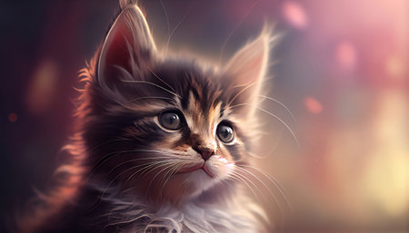 The image features a close-up of a sweet and adorable kitten face, with its big eyes and tiny nose taking center stage. The background is blurred with bokeh, creating a soft and dreamy effect.の写真素材