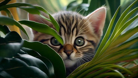 The image features a cute and playful tabby kitten peeking out from behind a green plant. Its big eyes are wide open, and its ears are perked up in curiosity.の写真素材