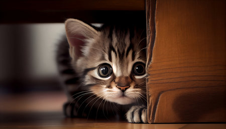 The image features a cute and curious tabby kitten peeking out from behind a piece of furniture. The kitten's body is partially hidden behind the furniture, adding a sense of playfulness image.の写真素材