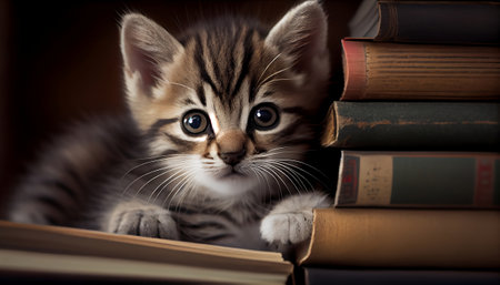The image features a cute and playful tabby kitten peeking out from behind a book. The kitten is small and fluffy, with bright eyes and a curious expression.の写真素材