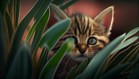 The image features a cute and playful tabby kitten peeking out from behind a green plant. Its big eyes are wide open, and its ears are perked up in curiosity.の写真素材