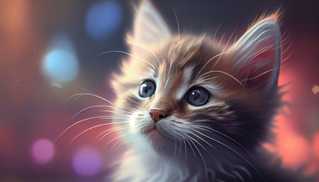 The image features a close-up of a sweet and adorable kitten face, with its big eyes and tiny nose taking center stage. The background is blurred with bokeh, creating a soft and dreamy effect.の写真素材