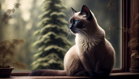 The image features a beautiful cat perched on a windowsill, gazing out at the world beyond. The cat eyes are focused intently on something outside, with a look of curiosity and interest on its face.の写真素材