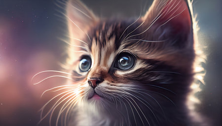 The image features a close-up of a sweet and adorable kitten face, with its big eyes and tiny nose taking center stage. The background is blurred with bokeh, creating a soft and dreamy effect.の写真素材