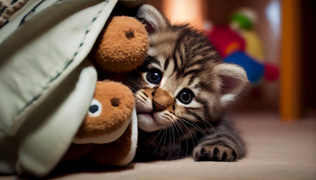 The image features an adorable tabby kitten peeking out from behind a colorful toy. The kitten has bright, wide eyes and a playful expression on its face, as if it's ready to pounce at any moment.の写真素材
