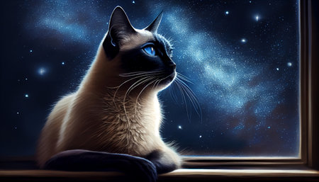 The image features a beautiful cat perched on a windowsill, gazing out at the world beyond. The cat eyes are focused intently on something outside, with a look of curiosity and interest on its face.の写真素材