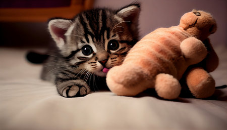 The image features an adorable tabby kitten peeking out from behind a colorful toy. The kitten has bright, wide eyes and a playful expression on its face, as if it's ready to pounce at any moment.の写真素材