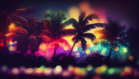 a tropical beach at night, with multi-colored bokeh lights in the background and palm trees in the foreground. The bokeh lights add a playful and festive, creating a magical and dreamy atmosphere.の写真素材