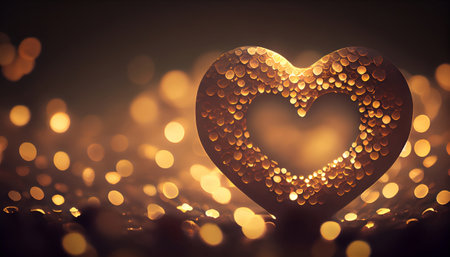 A romantic golden bokeh heart with smaller circular lights creates an elegant and dreamy background...