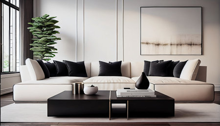 This is an image of a minimalist living room with a cozy beige couch as the focal point. The overall look is simple yet stylish, with clean lines and a neutral color scheme.の素材