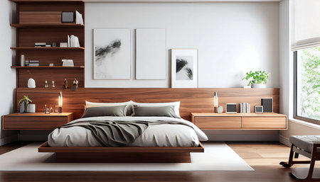 This is a serene and modern minimalist bedroom, featuring a platform bed with a neutral-colored wooden frame, crisp white sheets, and a minimalist wooden dresser.の素材