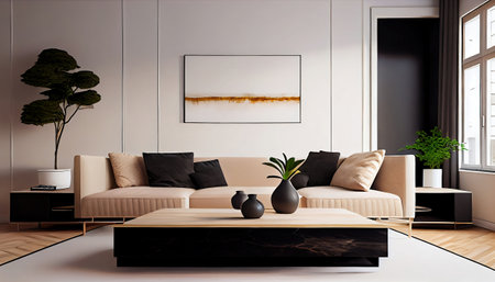 This is an image of a minimalist living room with a cozy beige couch as the focal point. The overall look is simple yet stylish, with clean lines and a neutral color scheme.の素材