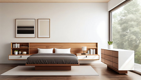 This is a serene and modern minimalist bedroom, featuring a platform bed with a neutral-colored wooden frame, crisp white sheets, and a minimalist wooden dresser.の素材