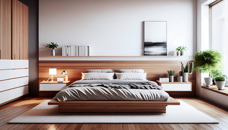 This is a serene and modern minimalist bedroom, featuring a platform bed with a neutral-colored wooden frame, crisp white sheets, and a minimalist wooden dresser.の素材