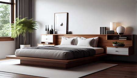 This is a serene and modern minimalist bedroom, featuring a platform bed with a neutral-colored wooden frame, crisp white sheets, and a minimalist wooden dresser.の素材